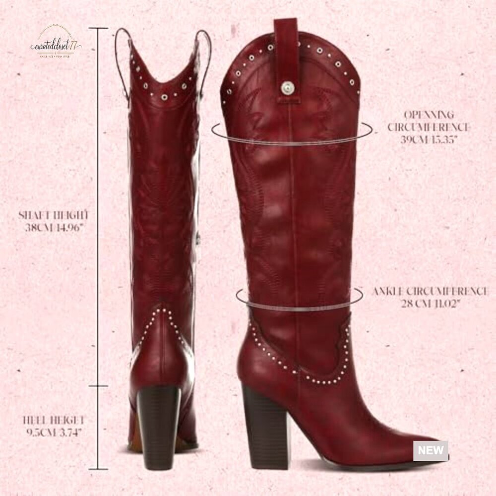 Knee High Cowboy Boots Pointed Toe Chunky Heel Pull-on Embroidered Western Wide - Picture 6 of 7